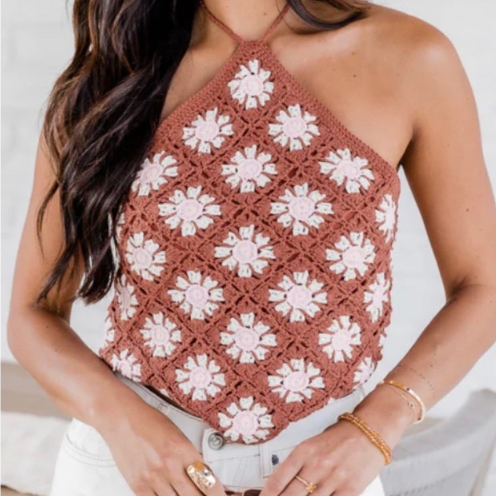 Pink Lily Crochet Halter Crop Top in Brown/Cream Never Worn Festival 70’s Retro